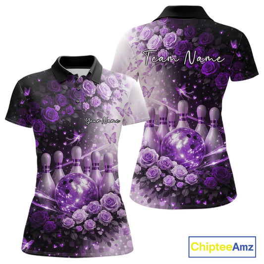 Custom Dreamy Purple Roses And Butterfly Women Bowling Polo Shirt, Ladies Bowling Shirt IPHW10899