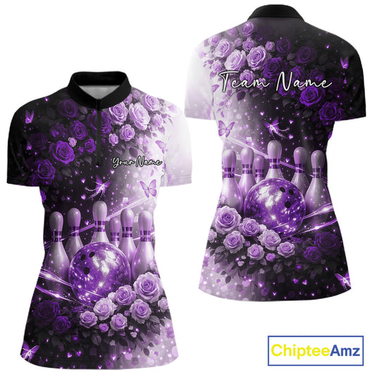 Custom Dreamy Purple Roses And Butterfly Women Bowling Quarter-Zip Shirt, Ladies Outfit IPHW10899