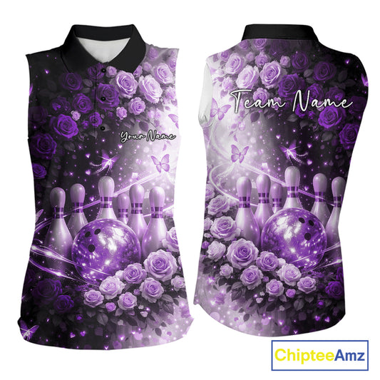 Custom Dreamy Purple Roses And Butterfly Women Bowling Sleeveless Shirt, Ladies Bowling Shirt IPHW10899