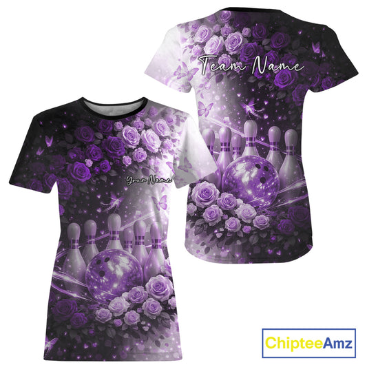 Custom Dreamy Purple Roses And Butterfly Women Bowling T-Shirts, Ladies Bowling IPHW10899