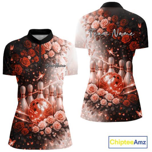 Custom Dreamy Orange Roses And Butterfly Women Bowling Quarter-Zip Shirt, Ladies Outfit IPHW10900