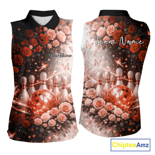 Custom Dreamy Orange Roses And Butterfly Women Bowling Sleeveless Shirt, Ladies Bowling Shirt IPHW10900