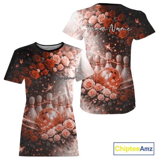 Custom Dreamy Orange Roses And Butterfly Women Bowling T-Shirts, Ladies Bowling IPHW10900