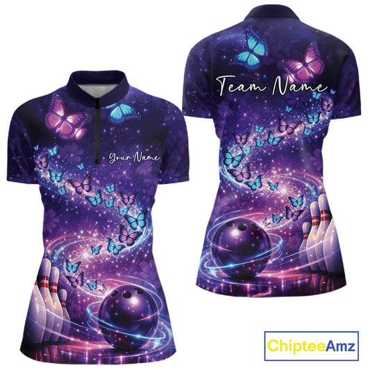 Custom Elegant Blue And Purple Butterfly Women Bowling Shirt, Ladies Bowling Team Outfit IPHW10908