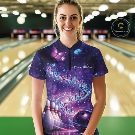 Custom Elegant Blue And Purple Butterfly Women Bowling Shirt, Ladies Bowling Team Outfit IPHW10908