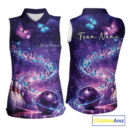 Custom Elegant Blue And Purple Butterfly Women Bowling Shirt, Ladies Bowling Team Outfit IPHW10908