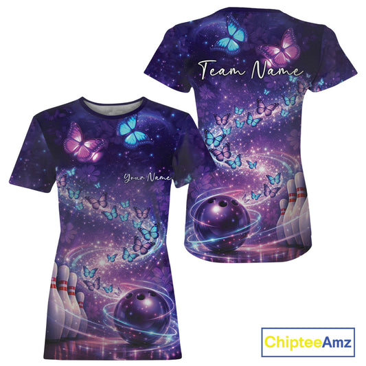 Custom Elegant Blue And Purple Butterfly Women Bowling, Ladies Bowling Team Outfit IPHW10908