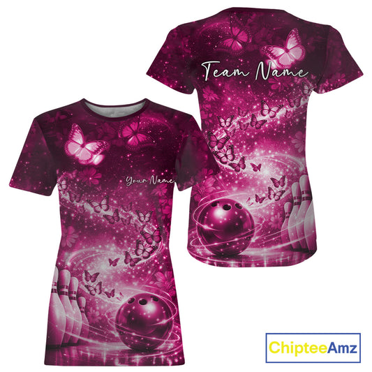 Custom Elegant Pink Butterfly Women Bowling, Ladies Bowling Team Outfit IPHW10909
