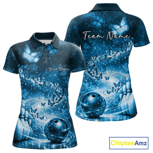 Custom Elegant Blue Butterfly Women Bowling Shirt, Ladies Bowling Team Outfit IPHW10910
