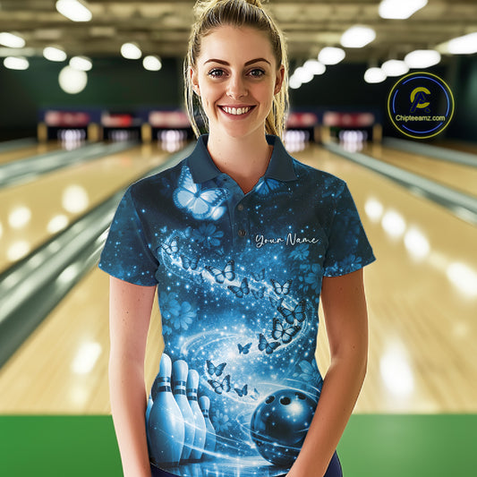 Custom Elegant Blue Butterfly Women Bowling Shirt, Ladies Bowling Team Outfit IPHW10910