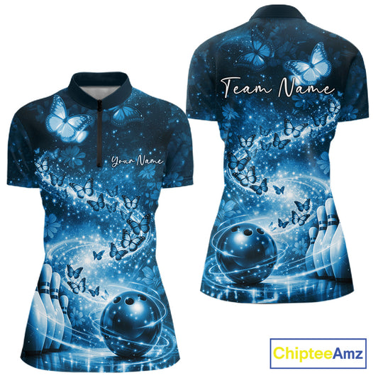 Custom Elegant Blue Butterfly Women Bowling Shirt, Ladies Bowling Team Outfit IPHW10910