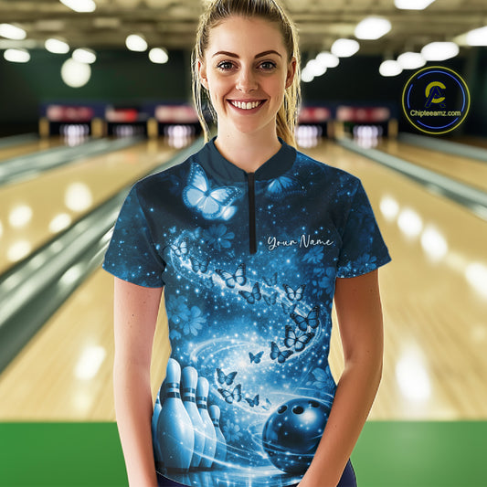 Custom Elegant Blue Butterfly Women Bowling Shirt, Ladies Bowling Team Outfit IPHW10910