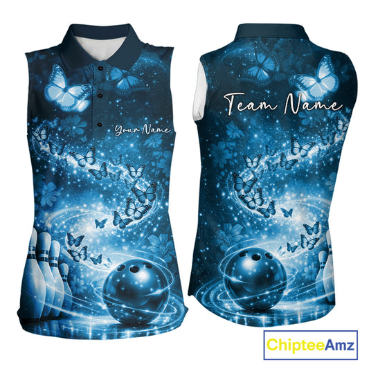 Custom Elegant Blue Butterfly Women Bowling Shirt, Ladies Bowling Team Outfit IPHW10910