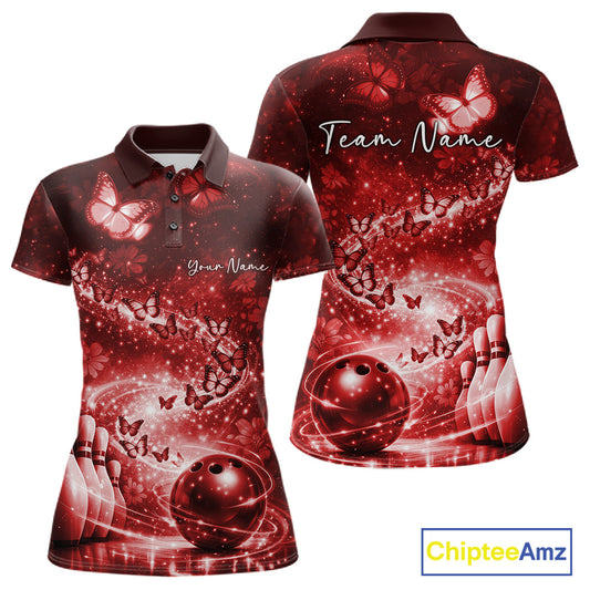 Custom Elegant Red Butterfly Women Bowling Shirt, Ladies Bowling Team Outfit IPHW10911