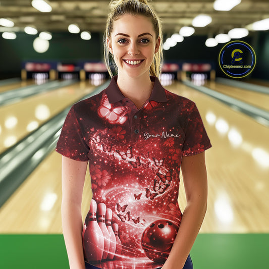 Custom Elegant Red Butterfly Women Bowling Shirt, Ladies Bowling Team Outfit IPHW10911