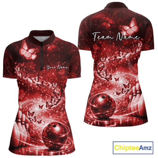 Custom Elegant Red Butterfly Women Bowling Shirt, Ladies Bowling Team Outfit IPHW10911