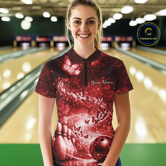 Custom Elegant Red Butterfly Women Bowling Shirt, Ladies Bowling Team Outfit IPHW10911