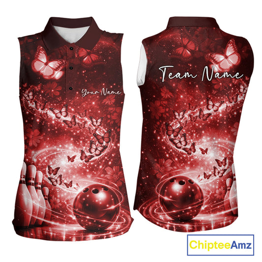 Custom Elegant Red Butterfly Women Bowling Shirt, Ladies Bowling Team Outfit IPHW10911