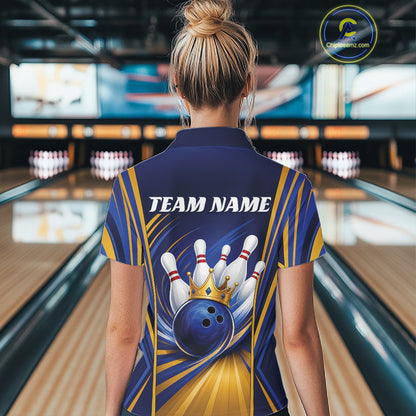 Custom Blue And Gold Queen Crown Bowling Women Quarter-Zip Shirt, Bowling League Shirt IPHW11823
