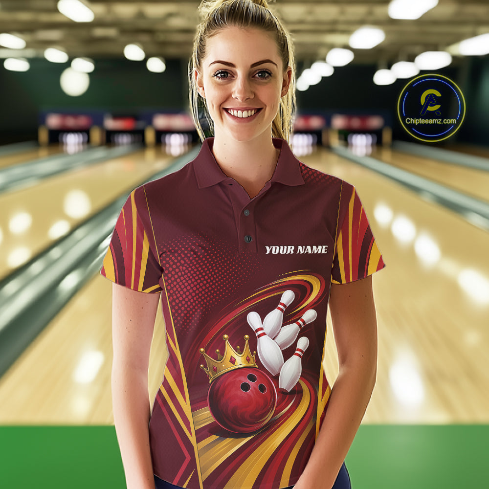 Custom Red And Gold Queen Crown Bowling Team Women Polo Shirt, Bowling League Shirt IPHW11824