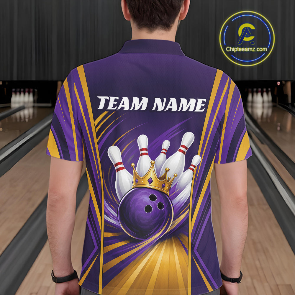 Custom Purple And Gold King Crown Bowling Team Men Polo Shirt, Bowling League Shirt IPHW11825