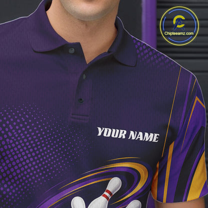Custom Purple And Gold King Crown Bowling Team Men Polo Shirt, Bowling League Shirt IPHW11825