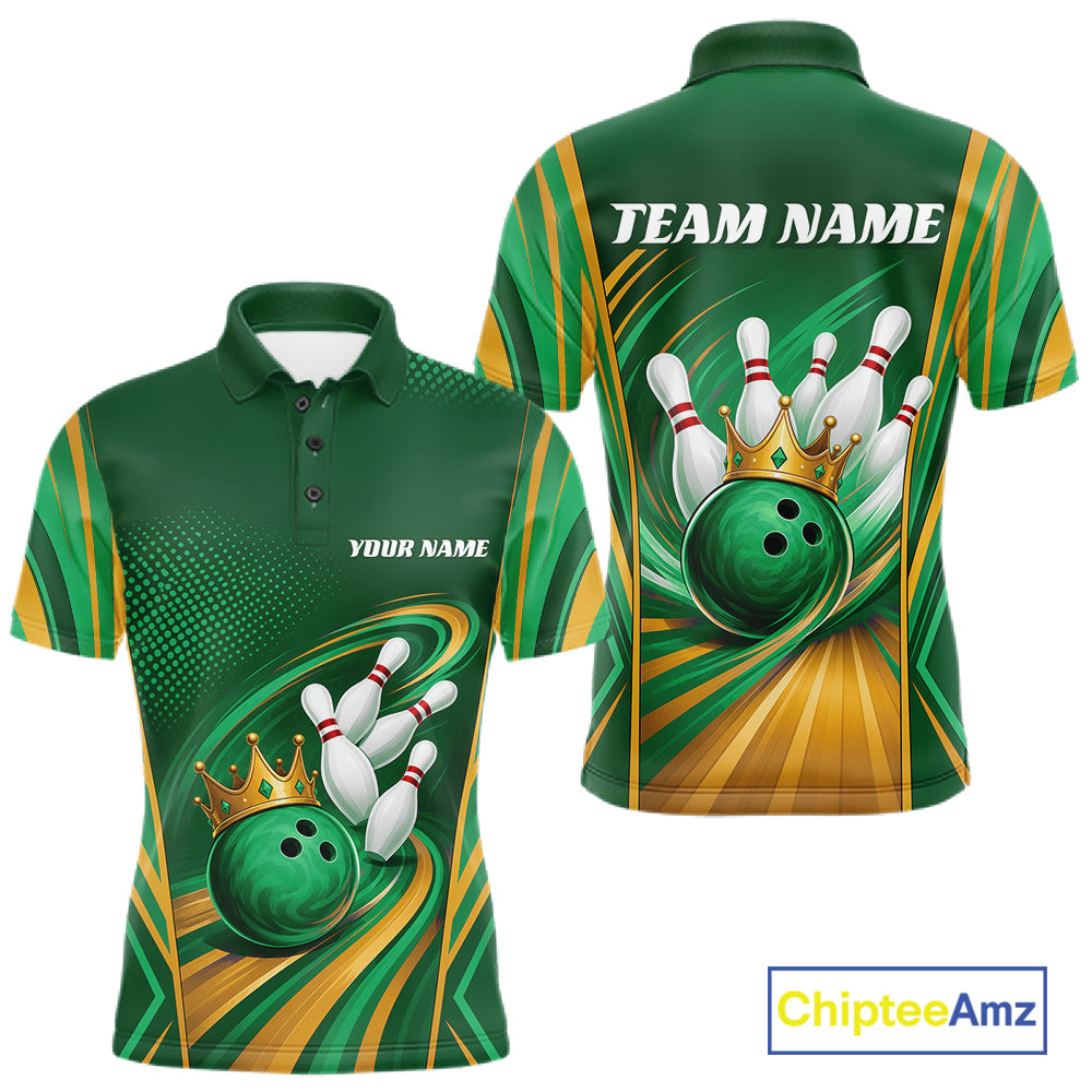 Custom Green And Gold King Crown Bowling Team Men Polo Shirt, Bowling League Shirt IPHW11826