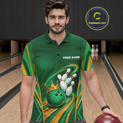 Custom Green And Gold King Crown Bowling Team Men Polo Shirt, Bowling League Shirt IPHW11826