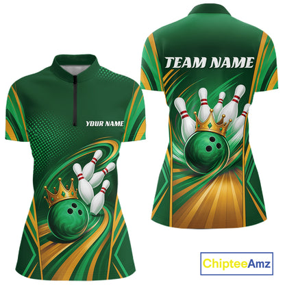 Custom Green And Gold Queen Crown Bowling Women Quarter-Zip Shirt, Bowling League Shirt IPHW11826