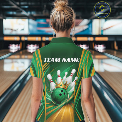 Custom Green And Gold Queen Crown Bowling Women Quarter-Zip Shirt, Bowling League Shirt IPHW11826