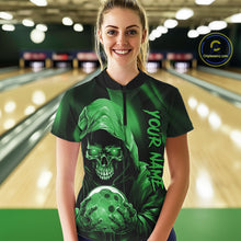 Load image into Gallery viewer, Green Bowling Grim Reaper Custom Women Bowling Quarter-Zip Shirts Skull Bowling Jerseys IPHW10698