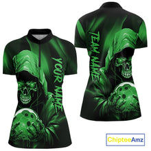 Load image into Gallery viewer, Green Bowling Grim Reaper Custom Women Bowling Quarter-Zip Shirts Skull Bowling Jerseys IPHW10698