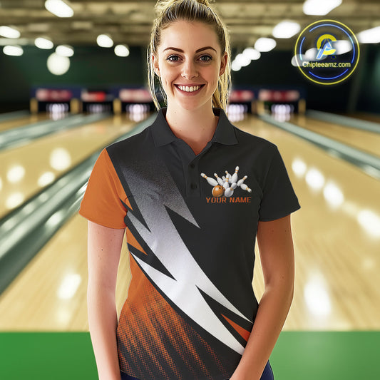 Black And Orange Custom Bowling Jerseys, Women Polo Shirt Bowling Tournament Outfits IPHW9080