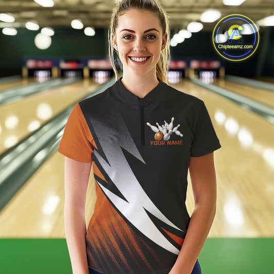 Black And Orange Custom Bowling Jersey, Women Quarter-Zip Shirt Bowling Tournament Outfit IPHW9080