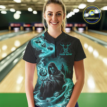 Load image into Gallery viewer, Custom Grim Reaper Bowling Women Quarter-Zip Shirt, Teal Blue Flame Skull Halloween IPHW9082