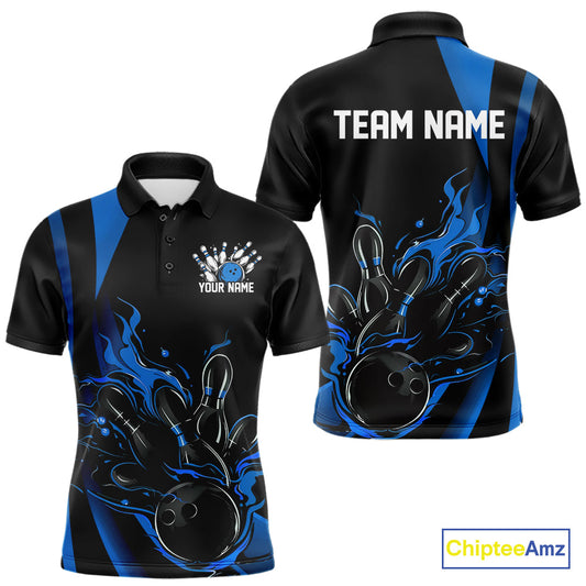 Custom Mid Blue Flame Bowling Polo Shirts For Men, Striking Fire Jerseys Team Uniform IPHW9084