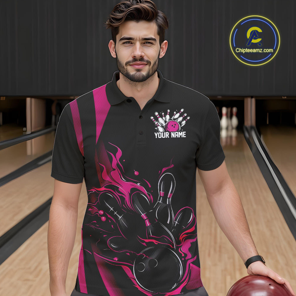Custom Pink Flame Bowling Polo Shirts For Men, Striking Fire Jerseys Team Uniform IPHW9086