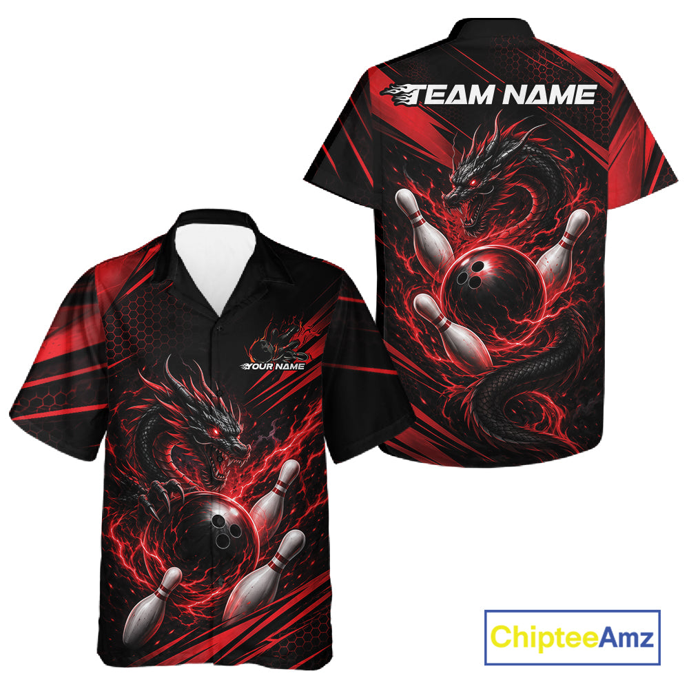 Custom Black And Red Flame Dragon Bowling Jersey, Dragon Bowling Men And Women Button Up Shirt IPHW11833