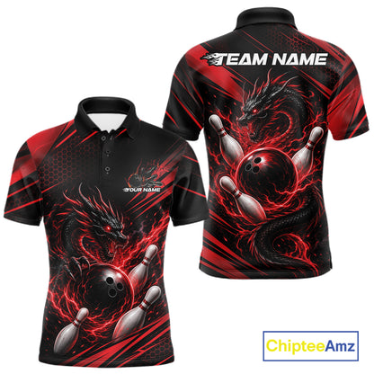 Custom Black And Red Flame Dragon Bowling Jersey, Dragon Bowling Men Polo Shirt IPHW11833