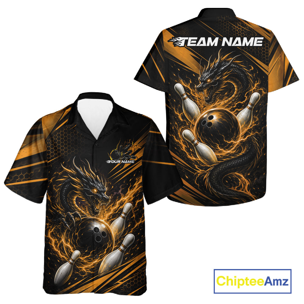 Custom Black And Yellow Flame Dragon Bowling Jersey, Dragon Bowling Men And Women Button Up Shirt IPHW11835