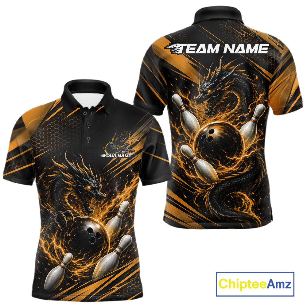 Custom Black And Yellow Flame Dragon Bowling Jersey, Dragon Bowling Men Polo Shirt IPHW11835