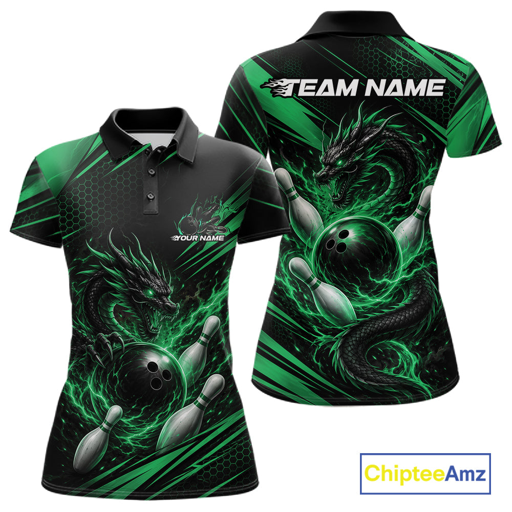 Custom Black And Green Flame Dragon Bowling Jersey, Dragon Bowling Women Polo Shirt IPHW11836