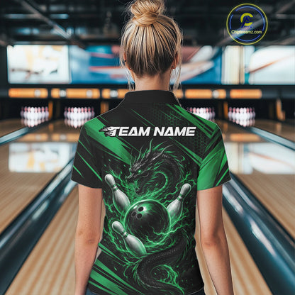 Custom Black And Green Flame Dragon Bowling Jersey, Dragon Bowling Women Polo Shirt IPHW11836