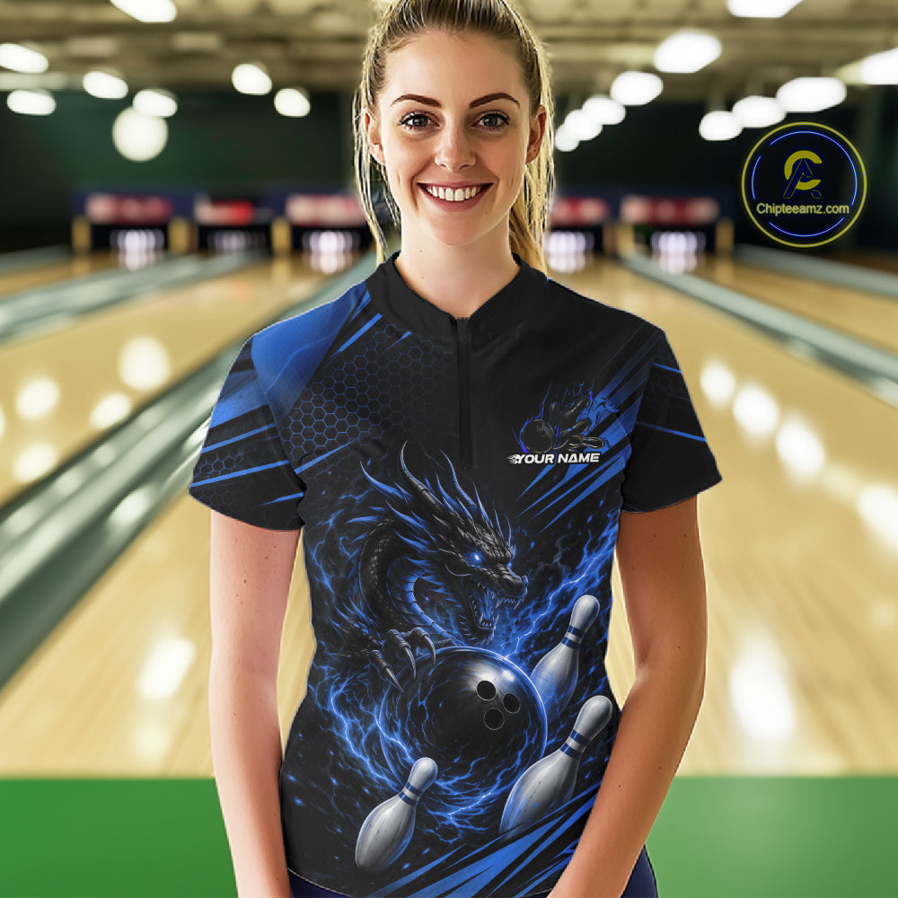 Custom Blue Flame Dragon Bowling Jersey, Dragon Bowling Women Quarter-Zip Shirt IPHW11837