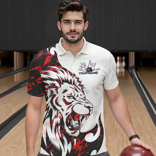 Custom Red Camo Lion Bowling Team Polo Shirts For Men, Lion Bowling League Shirt IPHW8855