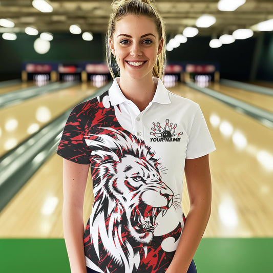 Custom Red Camo Lion Bowling Team Polo Shirts For Women, Lion Bowling League Shirt IPHW8855