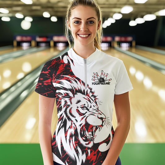 Custom Red Camo Lion Bowling Team Quarter-Zip Shirts For Women, Lion Bowling League Shirt IPHW8855