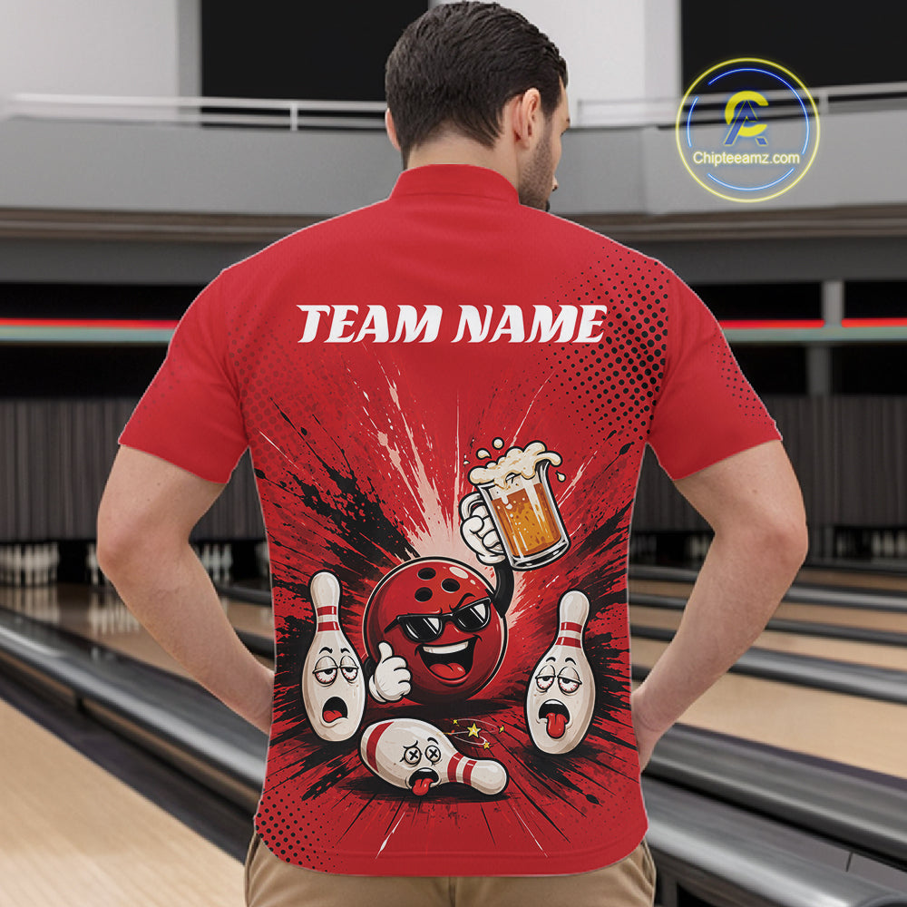 Custom Funny Beer Pitcher Bowling Men Quarter Zip Shirt, Red Bowling Party Shirt IPHW11853