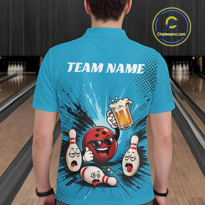 Custom Funny Beer Pitcher Bowling Men Polo Shirt, Blue Bowling Party Shirt IPHW11854