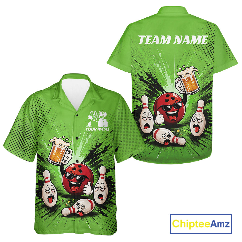 Custom Funny Beer Pitcher Bowling Men And Women Button Up Shirt, Green Bowling Party Shirt IPHW11855